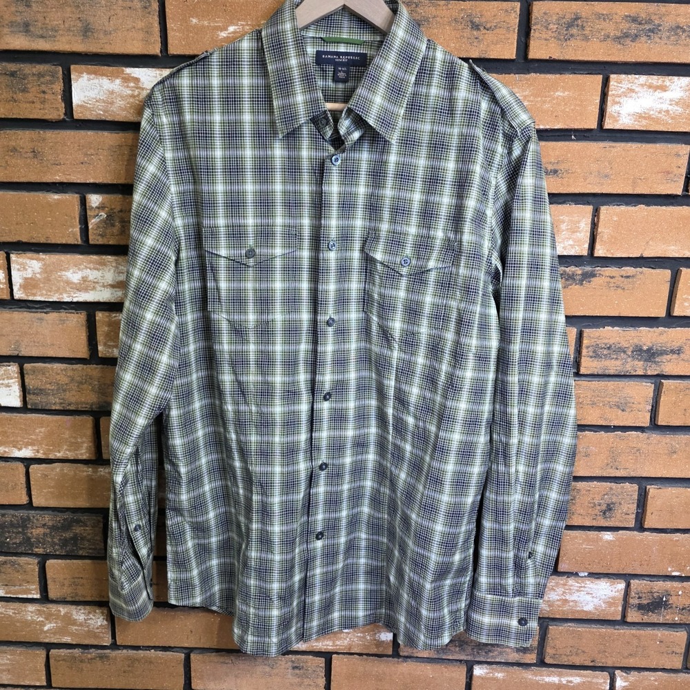 Banana Republic Men Slim Fit Large Long Sleeve Shirt Green Plaid Gorpcore Preppy
